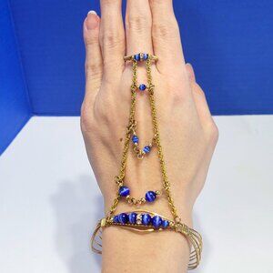 Vintage Dark Blue Beaded Metal Hand Chain Bracelet